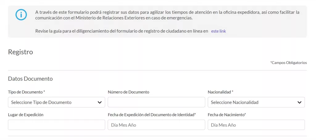 Formulario de Registro de Datos Pasaporte Colombiano