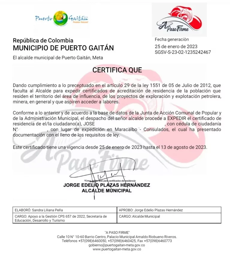 Certificado de Residencia Alcaldía Puerto Gaitán